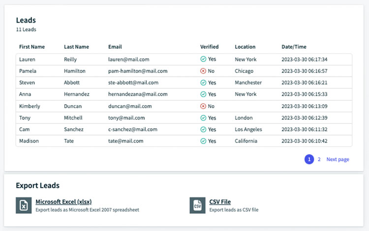 A verified email list from the Walls.io dashboard.