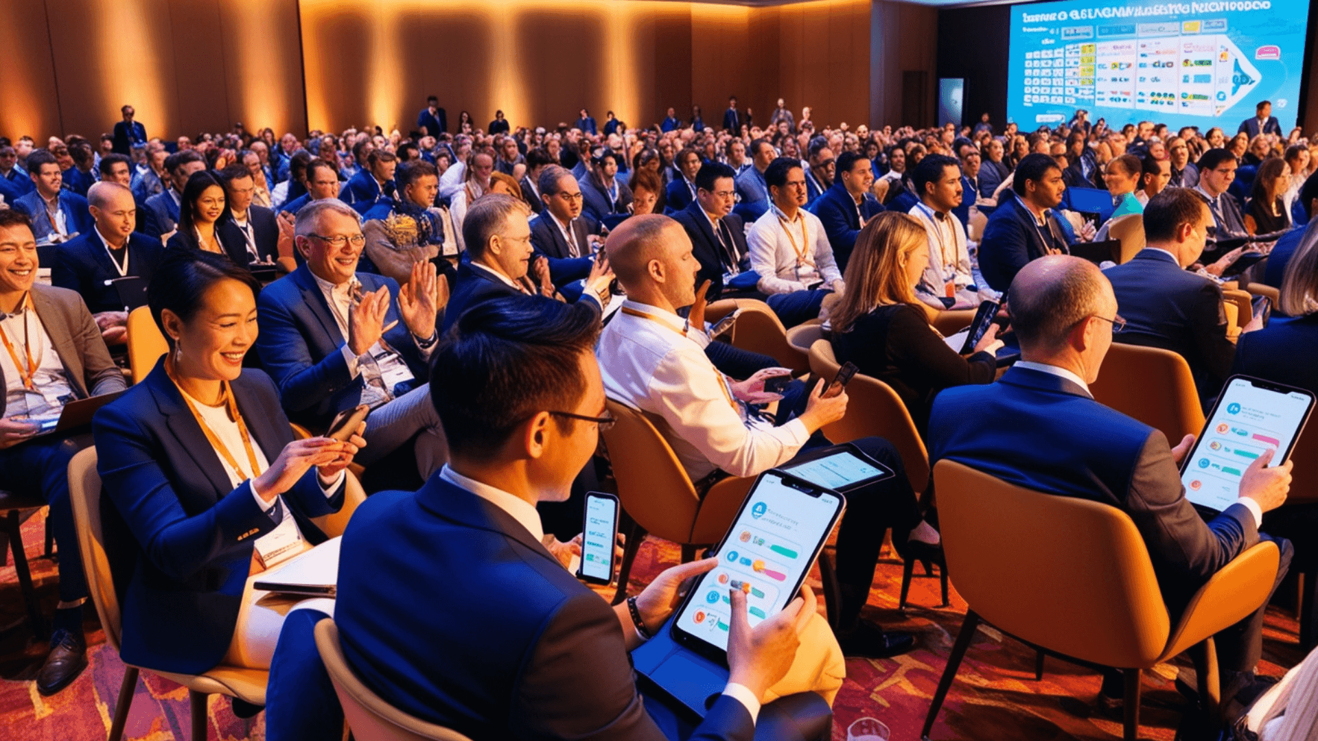 Attendees at a conference actively engage with digital content on their devices, enhancing interaction through live polling, event apps, and social media integration.