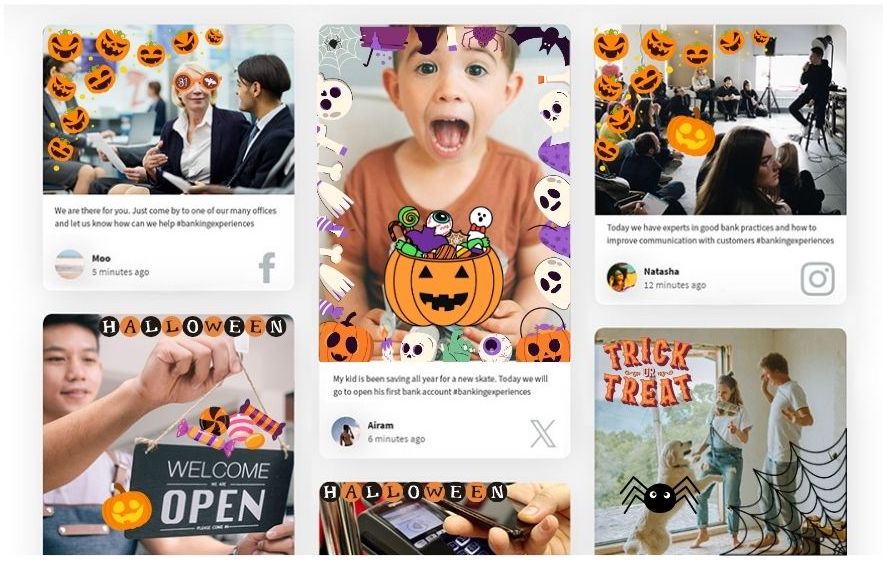 A social media wall displaying user-generated posts with Halloween-themed stickers such as pumpkins, spiders, and trick-or-treat visuals.