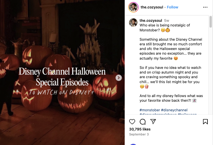 Instagram post sharing Disney channel Halloween special episodes. (halloween social media posts)