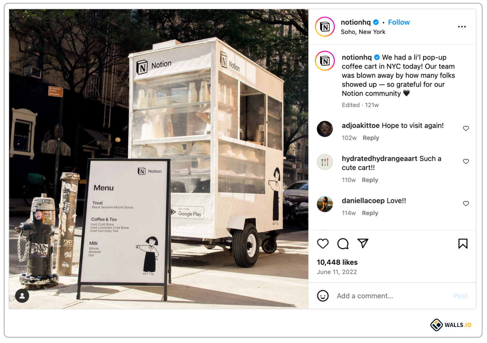 Notion’s pop-up coffee cart in NYC, creating a street-level brand activation experience.