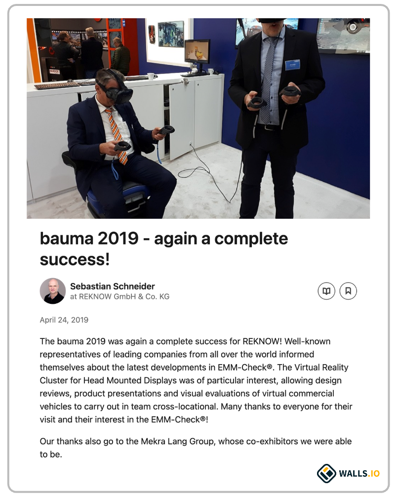 Virtual reality experience at Bauma 2019, showcasing REKNOW's brand activation with VR technology.