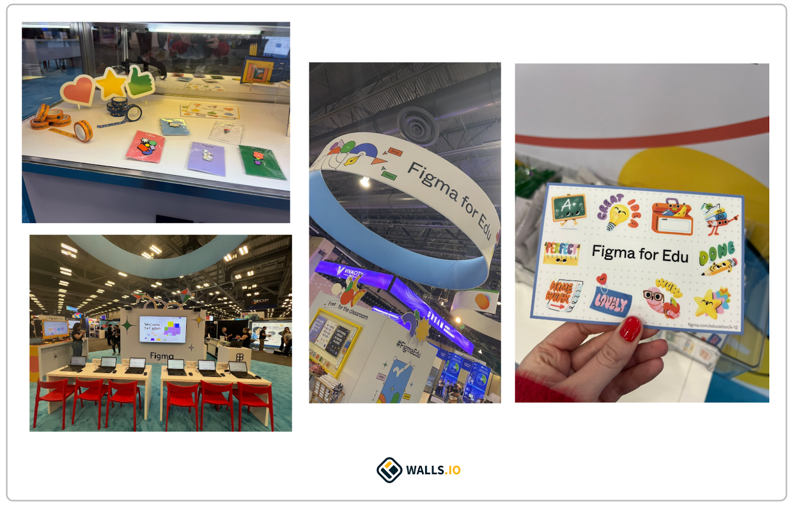 Figma's colorful merchandise display at an education event, highlighting brand activation through engaging visuals.